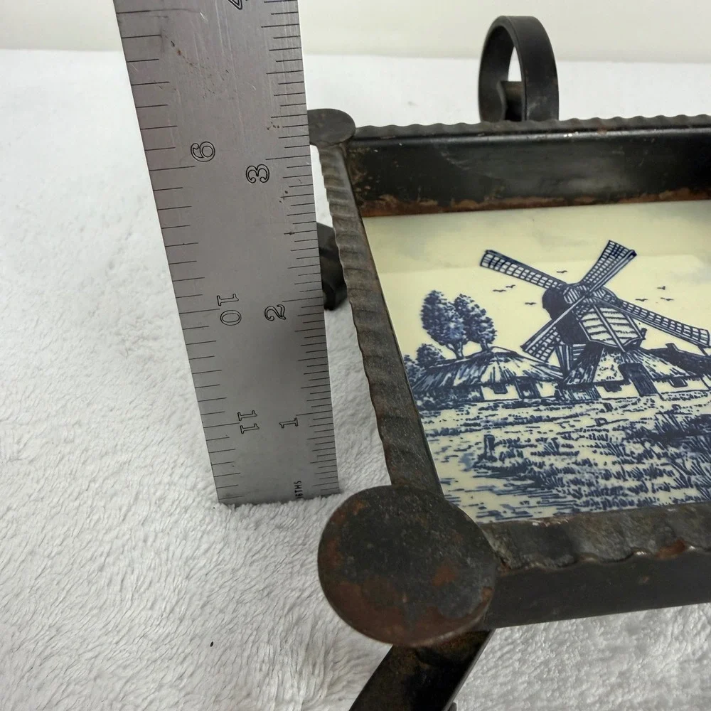 Vintage Delft Blue Hand Painted Windmill Tile Wrought Iron Footed Ashtray‎